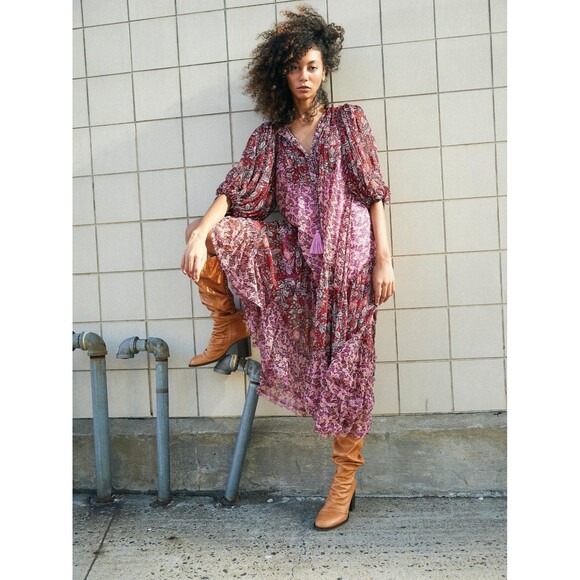 Free People Estelle Chiffon Maxi Dress Buttondown Printed Ruffle Flowy S 280250 - Picture 8 of 14